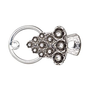 Clasp alligator clip 1pkg1 silver-finished "pewter" (zinc alloy), 20x19mm bell, antique steel, clear rhinestone 1-strand