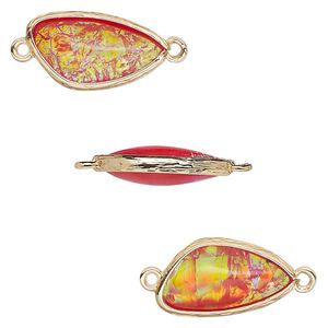 Link, Opalized Ice&trade;, "opal" (resin) and gold-finished brass, orange, 19.5x11mm double-sided wing. Sold per pkg of 4.