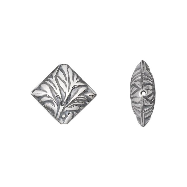 Bead 1pkg1 sterling silver, 15mm textured puffed diamond, antiqued image number 0