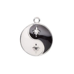 Charm, sterling silver / cubic zirconia / enamel, black / clear / white, 20mm single-sided domed round with yin-yang and star designs. Sold individually.