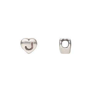 Bead 1pkg1 sterling silver, 7.5x7mm heart / letter J, antiqued Dione&reg;