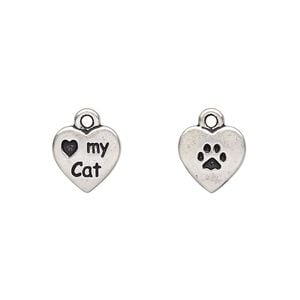 Charm, TierraCast&reg;, antique silver-plated pewter (tin-based alloy), 10mm two-sided heart with "Love my Cat" and paw print. Sold per pkg of 20.