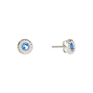 Earstud, Create Compliments&reg;, sterling silver and crystal, blue, 7mm round with twisted rope design. Sold per pair.