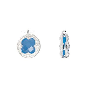 Drop, chalcedony (dyed) / cubic zirconia / sterling silver, clear and blue, 12mm two-sided faceted round. Sold individually.