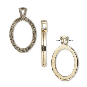 Pendant, Almost Instant Jewelry&reg;, antique gold-finished brass and rubber, 46x27.5mm single-sided hinged oval with 30x22mm oval setting. Sold individually.