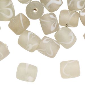 Bead, glass, translucent frosted clear and white, 10x8mm-11x9mm round tube swirl design. Sold per pkg of 40 beads.