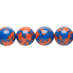 Bead, resin, dark blue and orange, 12mm round. Sold per 15" to 16" strand.