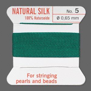 Thread, Griffin, silk, green, size #5. Sold per 2-meter card (approximately 78 inches).