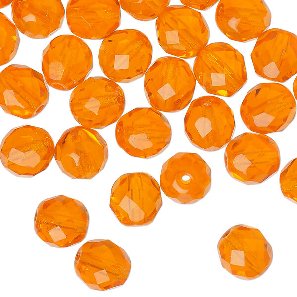 Bead 1pkg50, Czech fire-polished glass, transparent orange, 8mm faceted round. image number 0