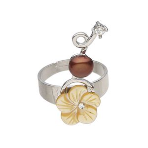Ring brass / glass pearl / mother-of-pearl shell / glass rhinestone 1pkg1, 33x12mm flower, dyed silver finish / clear / multicolored