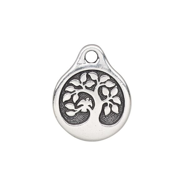 Drop, TierraCast&reg;, antique silver-plated pewter (tin-based alloy), 16mm double-sided round with bird in tree. Sold per pkg of 2. image number 0