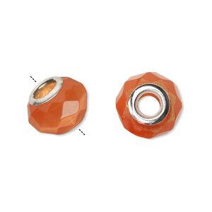 Bead 1pkg4 silver-plated, 13x10mm-14x10mm faceted rondelle, brass / fiber optic glass / orange Dione&reg;