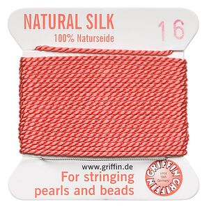 Thread, Griffin, silk, coral, size #16. Sold per 2-meter card (approximately 78 inches).