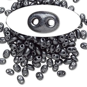 Seed bead, Preciosa Twin&trade; Czech glass, pkg/10g, 5x2.5mm oval, opaque grey terra pearl black, (28949).