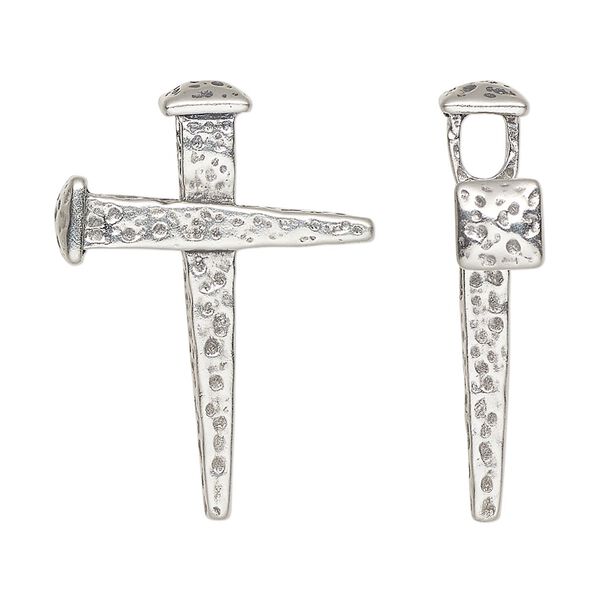 Focal 1pkg1, antiqued sterling silver, 33x23mm single-sided nail cross with 3.3mm hole. image number 0
