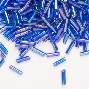 Bead, Ming Tree&trade;, bugle bead, glass, pkg/1/4 pound, 1/4 inch, rainbow translucent cobalt blue.