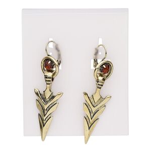 Earring, Czech glass rhinestone / antique gold-finished steel / brass / "pewter" (zinc-based alloy), brown, 2-1/2 inches with arrowhead and leverback ear wire. Sold per pair.
