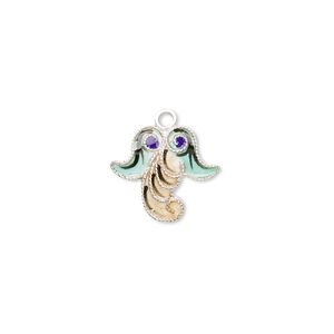 Drop, sterling silver with cloisonn&eacute;, yellow, 15x14mm curled. Sold individually.