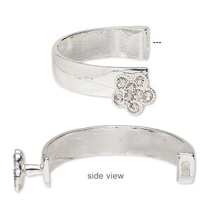 Bracelet component 1pkg1, glass rhinestone and silver-finished "pewter" (zinc-based alloy), clear, 10.5mm wide with 14.5x14mm flower, 42x26mm inside diameter with 5.5x2mm glue-in end.