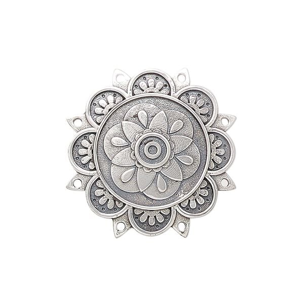 Drop, antiqued sterling silver, pkg/1, 24.75mm single-sided domed disc with flower design. image number 0