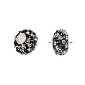Bead 1pkg1 sterling silver, 13x8mm-14x8mm rondelle / spiral, epoxy / glass rhinestone / black / clear Dione&reg;