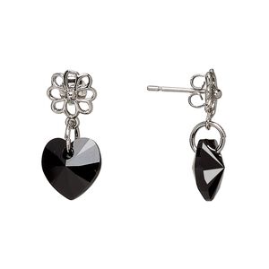Earstud, Everyday Jewelry&trade;, Crystal Passions&reg; and silver-plated "pewter", jet, 21mm with flower and heart. Sold per pair.