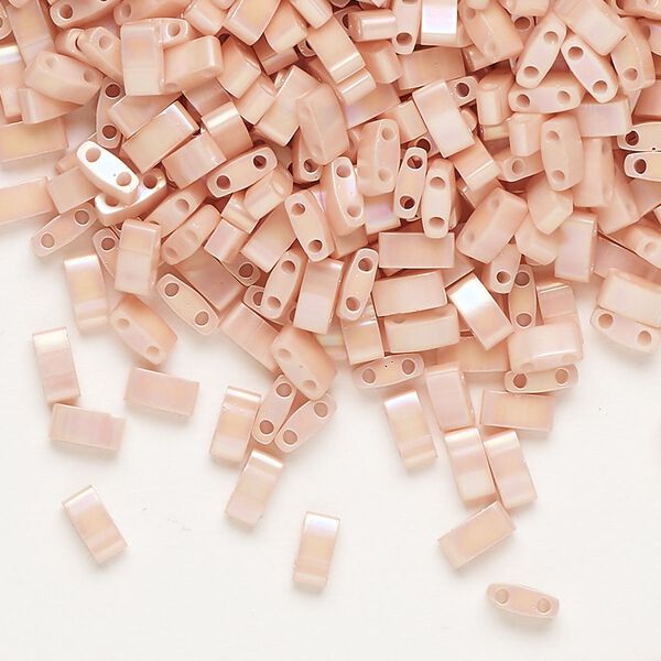 Seed bead, TILA&reg;, glass, pkg/40g, 5x2.3mm half tila rectangle, opaque luster rainbow light peach (HTL-596-1). image number 0
