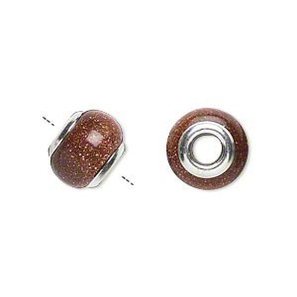 Bead, Dione&reg;, brown goldstone (glass) (man-made) and sterling silver grommets, 11x8mm-13x9mm rondelle with 4mm hole. Sold individually. image number 0