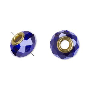 Bead 1pkg1 gold-finished, 13x9mm-14x10mm faceted rondelle, brass / glass cobalt blue Dione&reg;