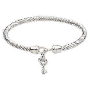 Bracelet, bangle, Czech glass rhinestone with silver-plated brass and "pewter" (zinc-based alloy), clear, 4mm twisted cable with 16x8mm key, 7-1/2 inches with hook-and-eye clasp. Sold individually.