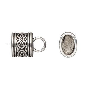 Cord end glue-in 1pkg4 "pewter", 12x11mm fancy oval / 9.5x6mm inside diameter, antiqued / silver-finished