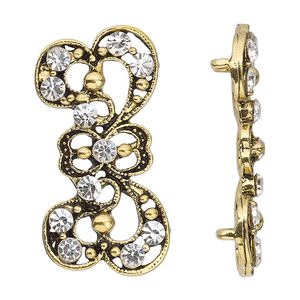 Spacer, antiqued gold-finished "pewter" (zinc-based alloy) and Czech glass rhinestone, clear, 37x17mm 2-strand fancy bow. Sold per pkg of 4.