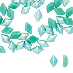 Bead, DiamonDuo&trade;, Czech pressed glass, opaque green turquoise AB, 8x5mm faceted diamond with flat back and (2) 0.7-0.8mm holes. Sold per 10-gram pkg, approximately 70 beads.