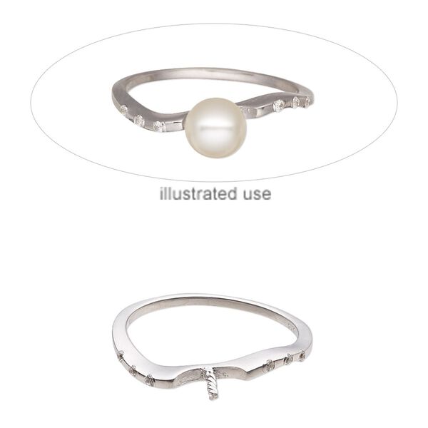 Ring, cubic zirconia and sterling silver, clear, 2.5mm wide asymmetrical band with 4.5mm twisted peg, fits up to 8mm half-drilled round bead, size 7. Sold individually. image number 0