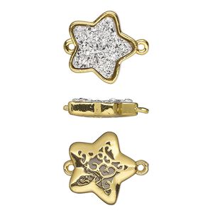 Link, Druzylite&trade;, "druzy" (resin) and gold-finished brass, silver, 15x14mm two-sided star with open filigree back. Sold per pkg of 4.