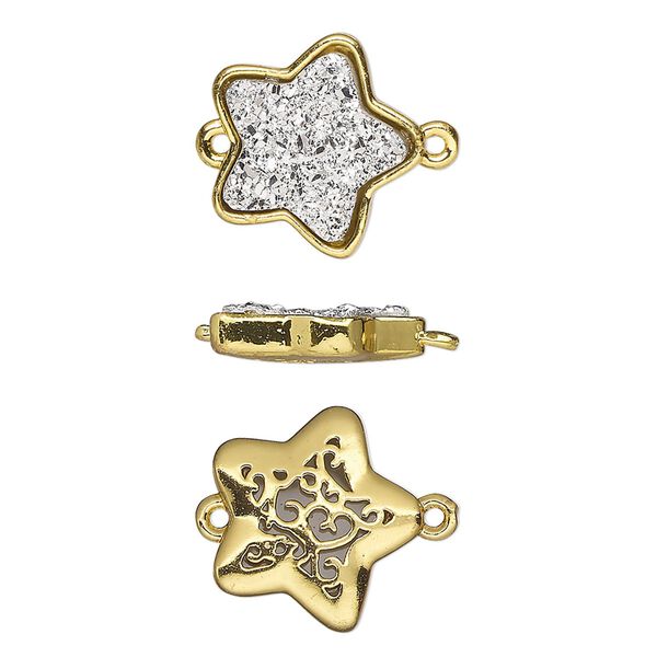 Link, Druzylite&trade;, "druzy" (resin) and gold-finished brass, silver, 15x14mm two-sided star with open filigree back. Sold per pkg of 4. image number 0