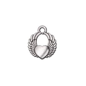 Charm, TierraCast&reg;, antique silver-plated pewter (tin-based alloy), 15x14mm double-sided winged heart. Sold per pkg of 2.