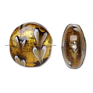 Bead, lampworked glass, brown and multicolored with silver-colored foil, 22mm double-sided puffed flat round with heart pattern. Sold per pkg of 2.
