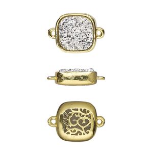 Link, Druzylite&trade;, "druzy" (resin) and gold-finished brass, silver, 11.5mm two-sided square with open filigree back. Sold per pkg of 4.