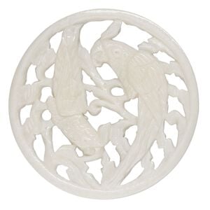 Focal, camel bone (bleached), white, 40mm cutout round with two parrots, Mohs hardness 2-1/2. Sold individually.