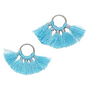 Component, cotton and silver-finished brass, translucent turquoise blue, 28x20mm tassel. Sold per pkg of 2.
