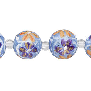 Bead, glass 1pkg8, multicolored, 14mm round with hand-painted flower.