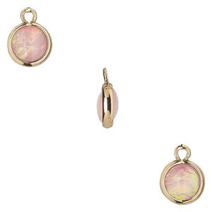 Drop, Opalized Ice&trade;, "opal" (resin) and gold-finished brass, light pink, 9.5mm double-sided round. Sold per pkg of 6.