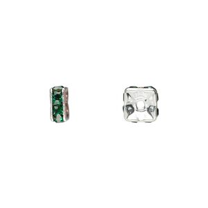 Bead 1pkg10 silver-plated, 6x3mm squaredelle, brass / emerald green rhinestone
