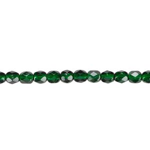 Bead, Czech fire-polished dipped d&eacute;cor glass, emerald green, 4mm faceted round. Sold per 15-1/2" to 16" strand, approximately 100 beads.