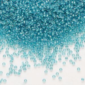 Seed bead, Miyuki, glass, pkg/250g, #15 rocaille, translucent aqua-lined luster crystal clear (RR-1822).