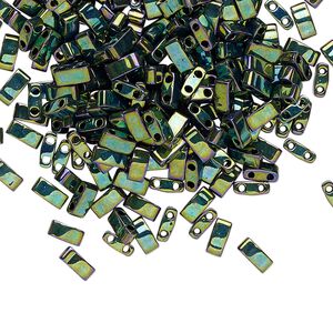 Seed bead, TILA&reg;, glass, pkg/250g, 5x2.3mm half tila rectangle, opaque metallic malachite green, (HTL-468).