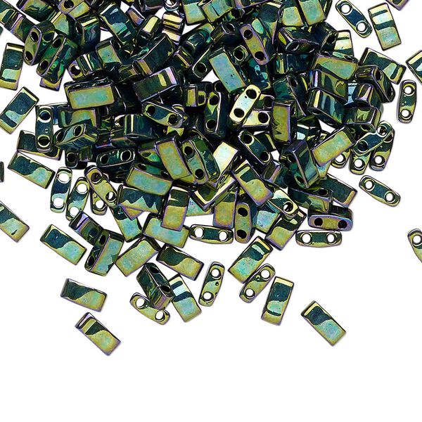 Seed bead, TILA&reg;, glass, pkg/250g, 5x2.3mm half tila rectangle, opaque metallic malachite green, (HTL-468). image number 0