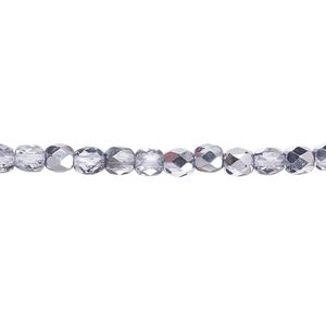 Bead, Czech fire-polished glass, clear with half-coat metallic lilac, 4mm faceted round. Sold per 15-1/2" to 16" strand.