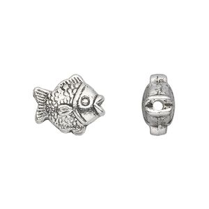 Bead 1pkg10 silver-plated "pewter", 15x13mm puffed fish, antique